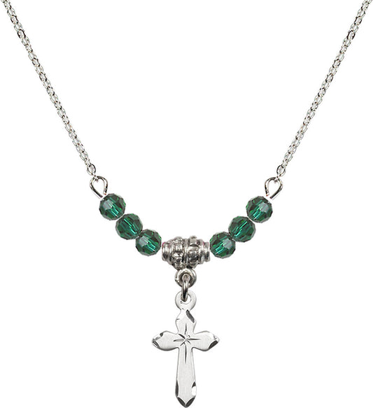 Sterling Silver Cross Birthstone Necklace with Emerald Beads - 2529