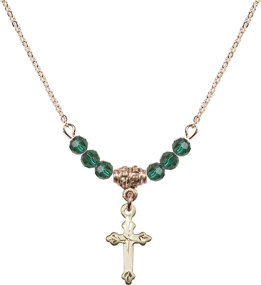 14kt Gold Filled Cross Birthstone Necklace with Emerald Beads - 2531