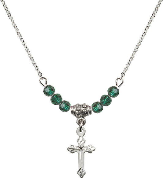 Sterling Silver Cross Birthstone Necklace with Emerald Beads - 2531