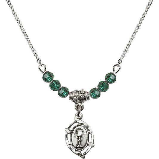 Sterling Silver Communion Birthstone Necklace with Emerald Beads - 3019