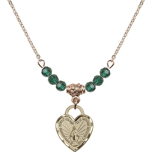 14kt Gold Filled Miraculous Heart Birthstone Necklace with Emerald Beads - 3401