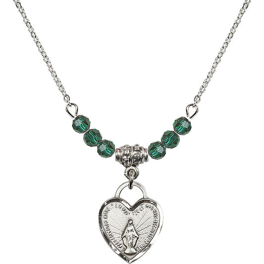 Sterling Silver Miraculous Heart Birthstone Necklace with Emerald Beads - 3401