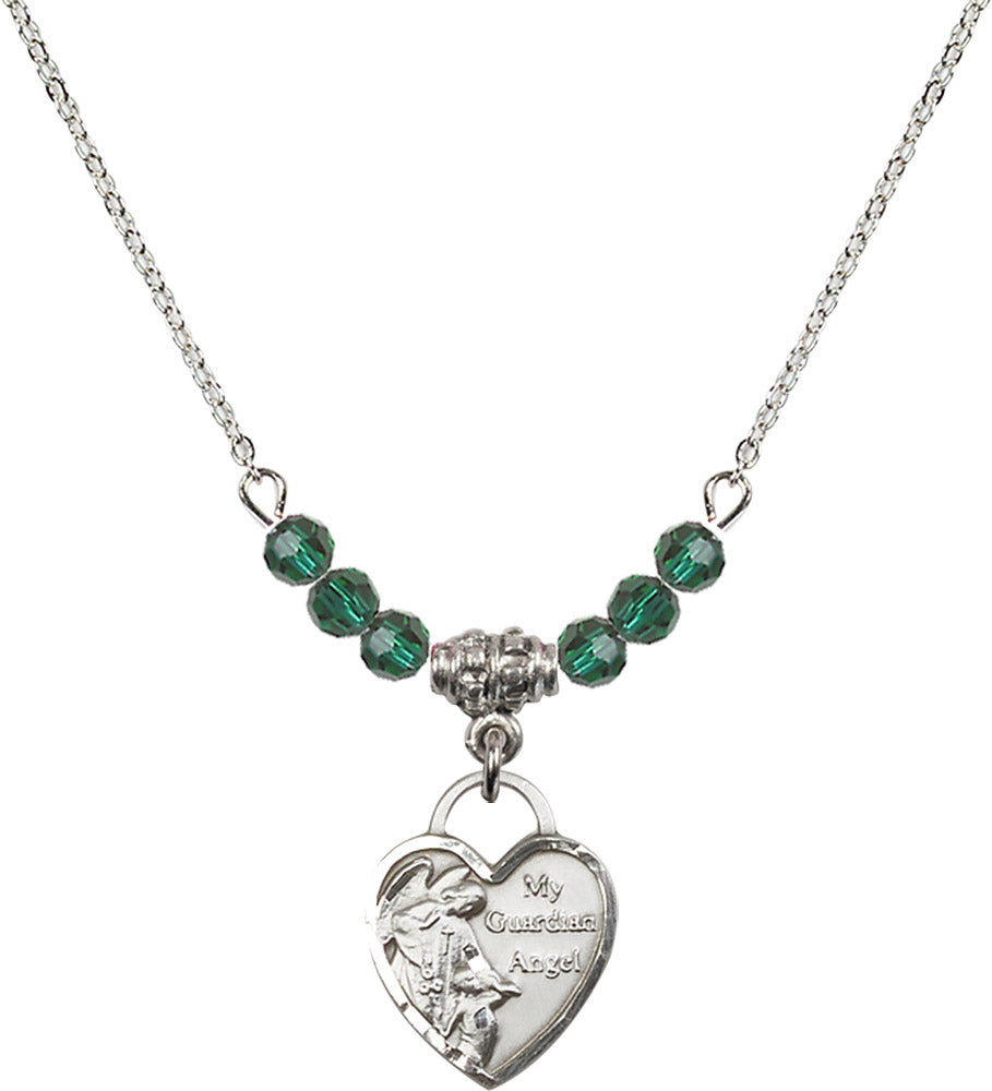 Sterling Silver Guardian Angel Heart Birthstone Necklace with Emerald Beads - 3402