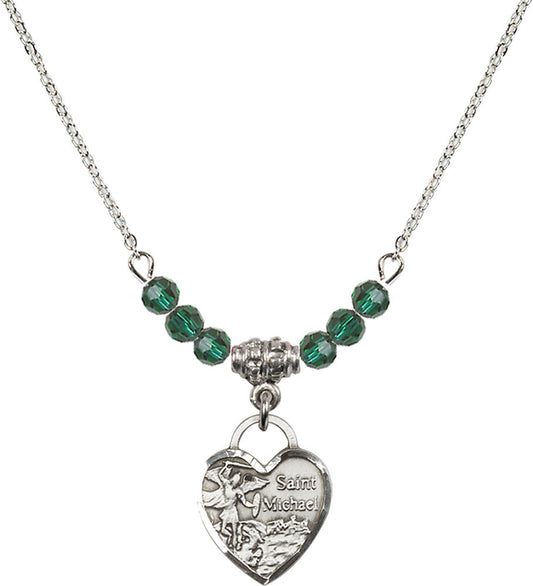 Sterling Silver Saint Michael Heart Birthstone Necklace with Emerald Beads - 3403