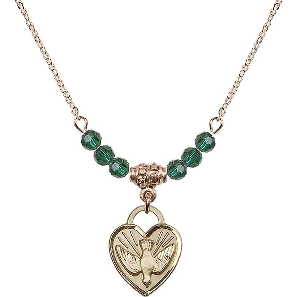 14kt Gold Filled Confirmation Heart Birthstone Necklace with Emerald Beads - 3405
