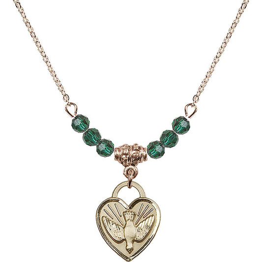 14kt Gold Filled Confirmation Heart Birthstone Necklace with Emerald Beads - 3405