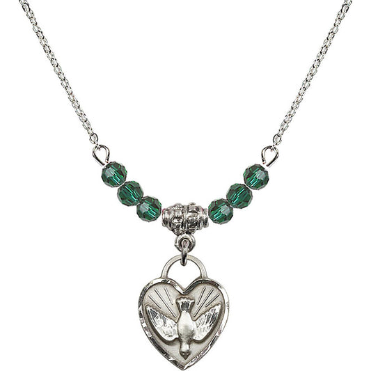 Sterling Silver Confirmation Heart Birthstone Necklace with Emerald Beads - 3405