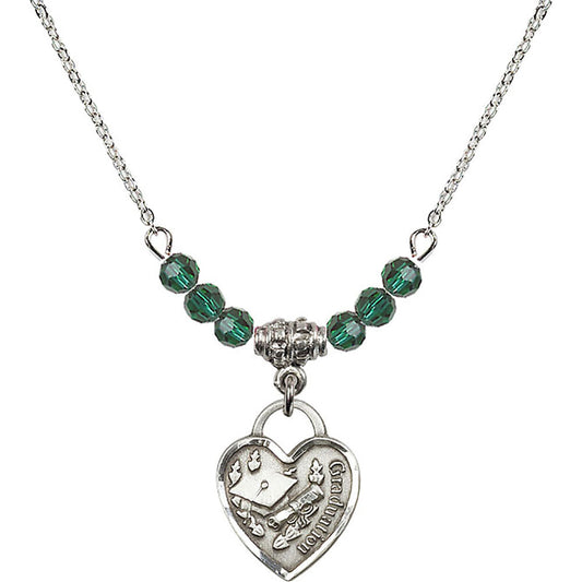 Sterling Silver Graduation Heart Birthstone Necklace with Emerald Beads - 3406