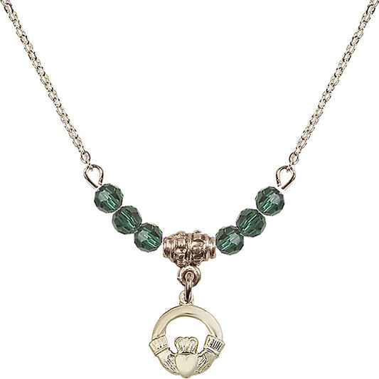 14kt Gold Filled Claddagh Birthstone Necklace with Emerald Beads - 4113