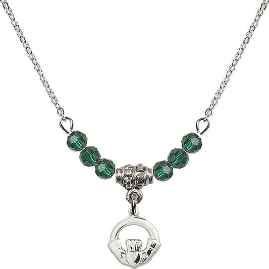 Sterling Silver Claddagh Birthstone Necklace with Emerald Beads - 4113