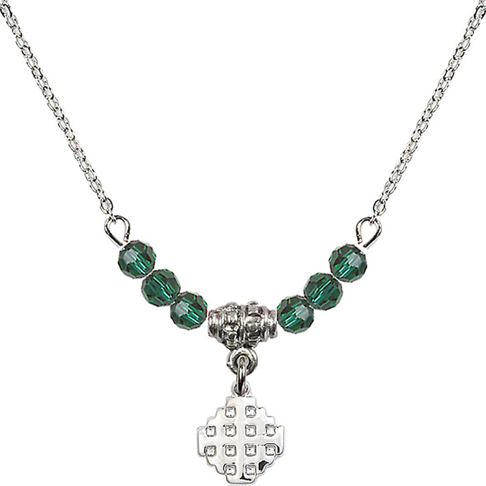 Sterling Silver Jerusalem Cross Birthstone Necklace with Emerald Beads - 4118
