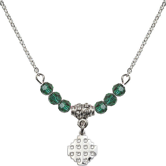 Sterling Silver Jerusalem Cross Birthstone Necklace with Emerald Beads - 4118