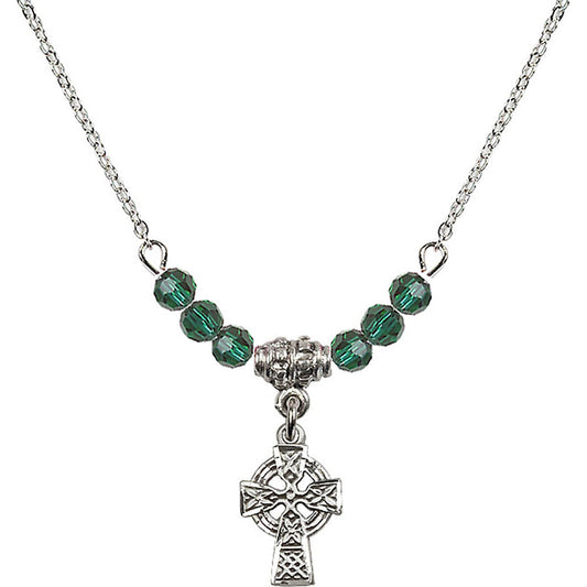 Sterling Silver Celtic Cross Birthstone Necklace with Emerald Beads - 4133