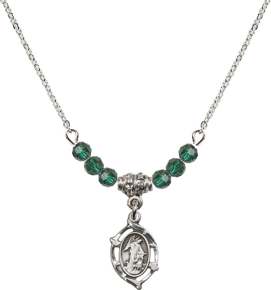 Sterling Silver Guardian Angel Birthstone Necklace with Emerald Beads - 4154