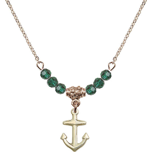 14kt Gold Filled Anchor Birthstone Necklace with Emerald Beads - 4158