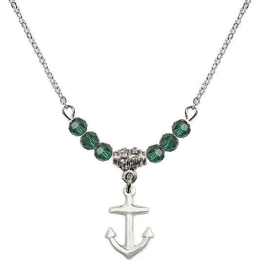 Sterling Silver Anchor Birthstone Necklace with Emerald Beads - 4158