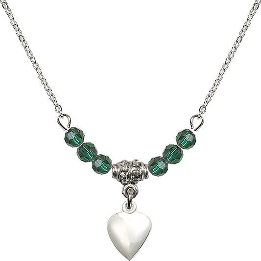 Sterling Silver Heart Birthstone Necklace with Emerald Beads - 4158