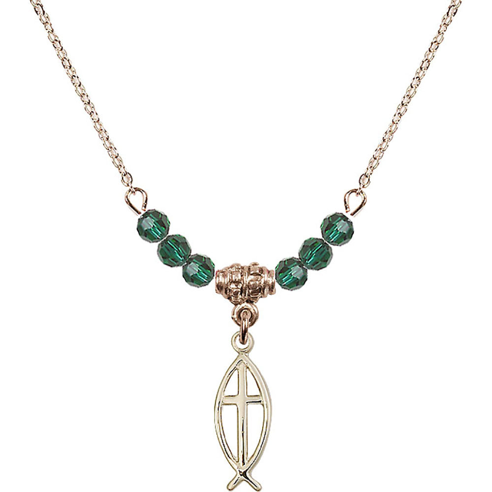 14kt Gold Filled Fish / Cross Birthstone Necklace with Emerald Beads - 4251
