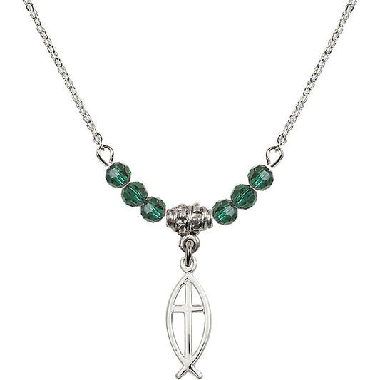 Sterling Silver Fish / Cross Birthstone Necklace with Emerald Beads - 4251