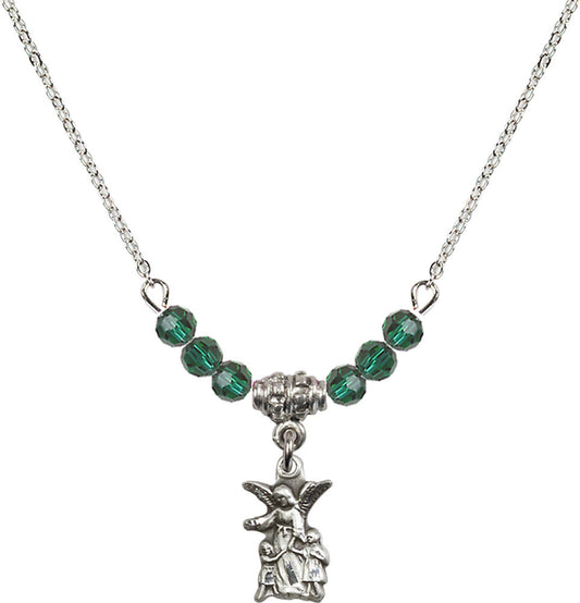 Sterling Silver Guardian Angel Birthstone Necklace with Emerald Beads - 4253