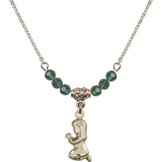 14kt Gold Filled Praying Girl Birthstone Necklace with Emerald Beads - 4262