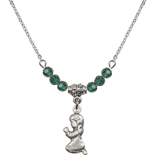 Sterling Silver Praying Girl Birthstone Necklace with Emerald Beads - 4262