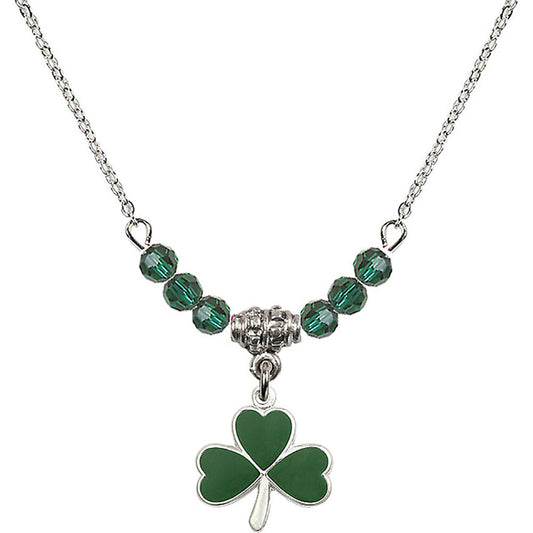 Sterling Silver Shamrock Birthstone Necklace with Emerald Beads - 5243