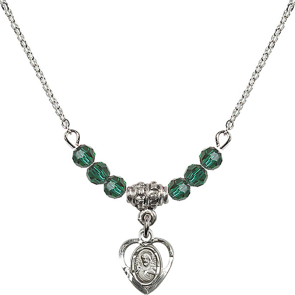 Sterling Silver Scapular Birthstone Necklace with Emerald Beads - 5402