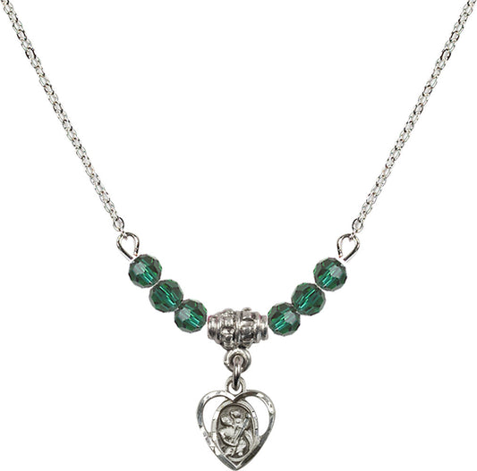 Sterling Silver Saint Christopher Birthstone Necklace with Emerald Beads - 5403
