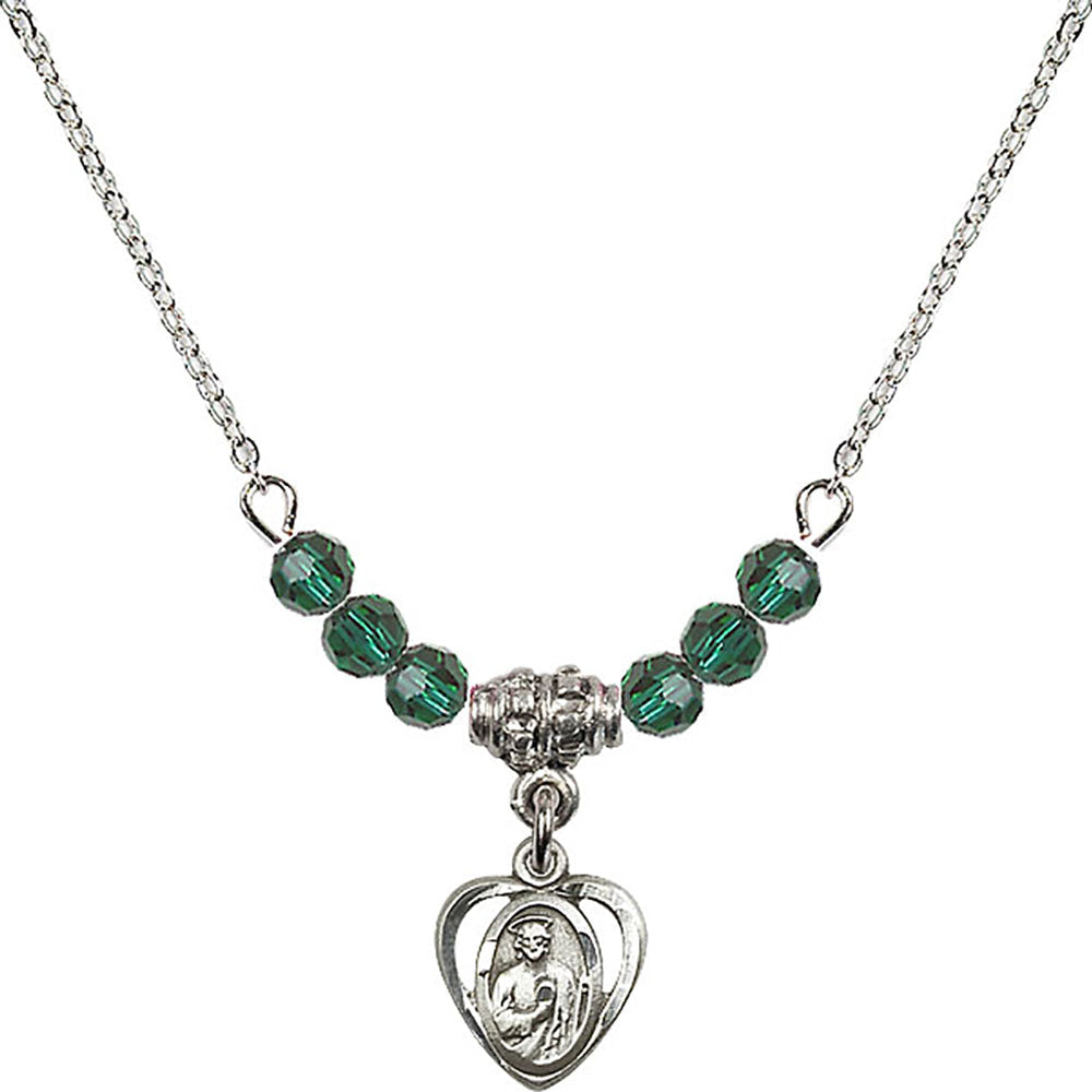 Sterling Silver Saint Jude Birthstone Necklace with Emerald Beads - 5404