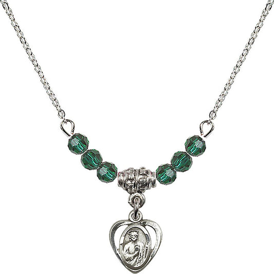 Sterling Silver Saint Jude Birthstone Necklace with Emerald Beads - 5404