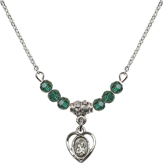 Sterling Silver Saint Ann Birthstone Necklace with Emerald Beads - 5414