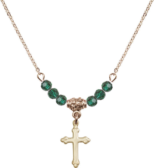 14kt Gold Filled Cross Birthstone Necklace with Emerald Beads - 5415