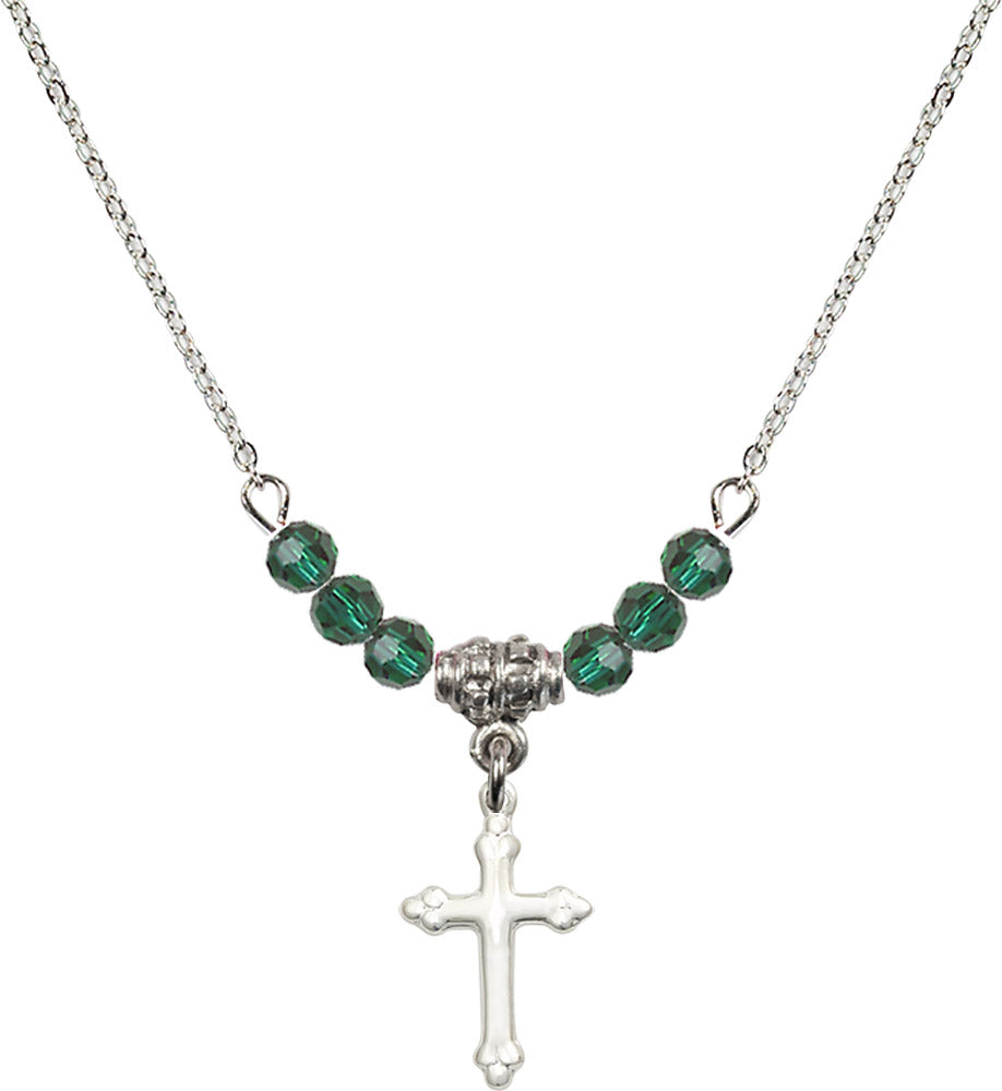 Sterling Silver Cross Birthstone Necklace with Emerald Beads - 5415