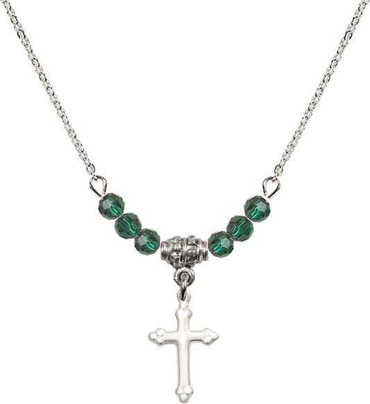 Sterling Silver Cross Birthstone Necklace with Emerald Beads - 5415