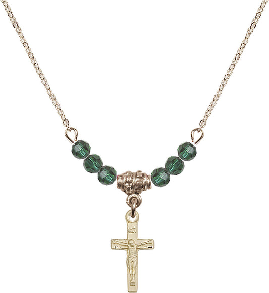 14kt Gold Filled Crucifix Birthstone Necklace with Emerald Beads - 5417