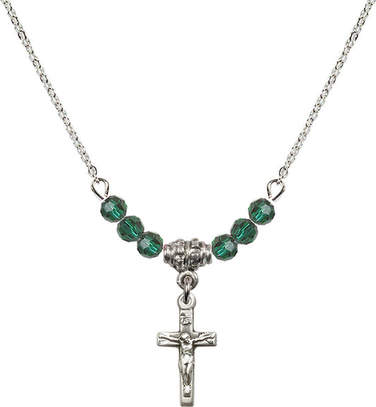 Sterling Silver Crucifix Birthstone Necklace with Emerald Beads - 5417