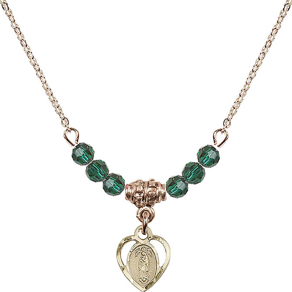 14kt Gold Filled Our Lady of Guadalupe Birthstone Necklace with Emerald Beads - 5422