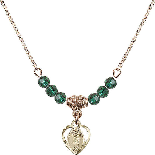 14kt Gold Filled Our Lady of Guadalupe Birthstone Necklace with Emerald Beads - 5422