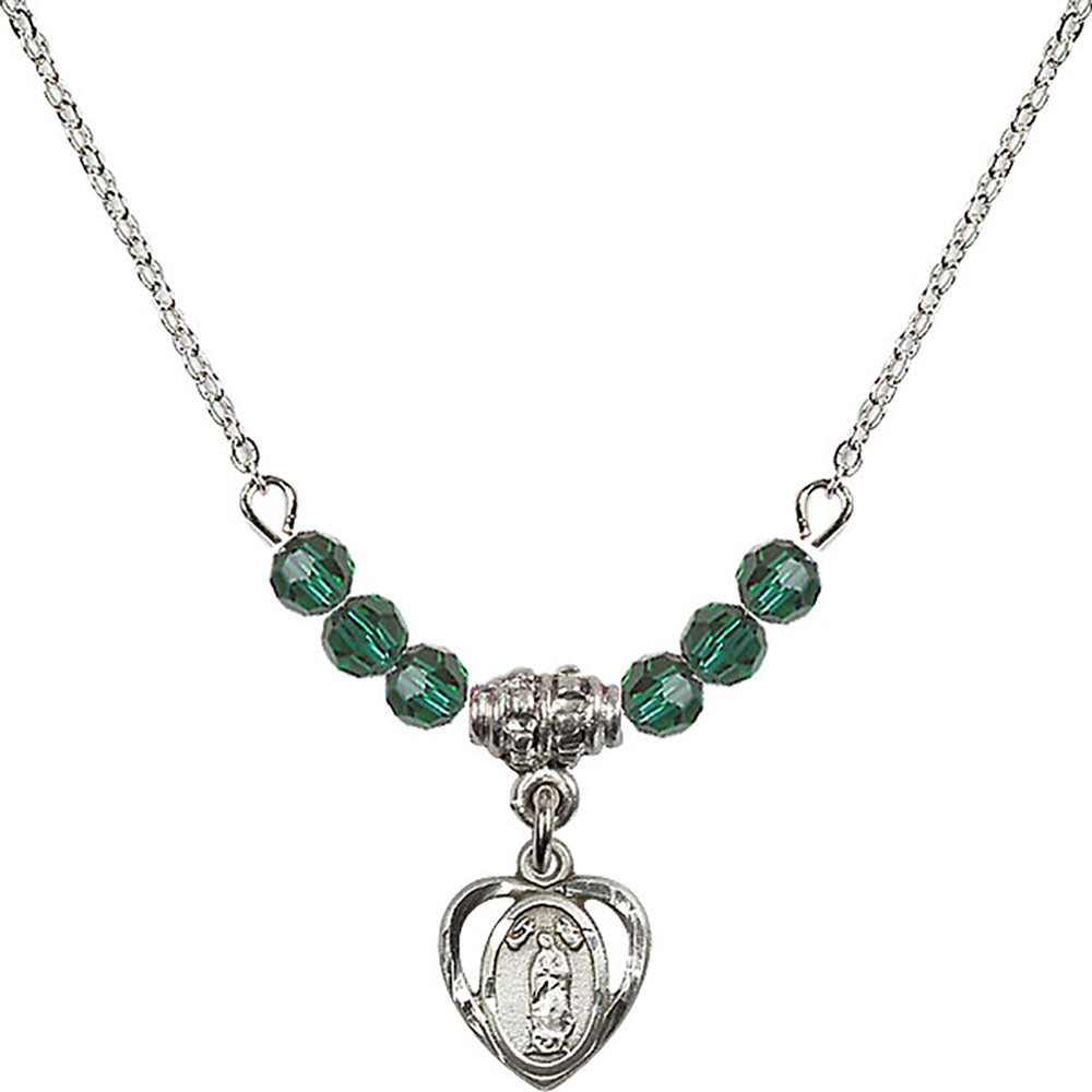 Sterling Silver Our Lady of Guadalupe Birthstone Necklace with Emerald Beads - 5422