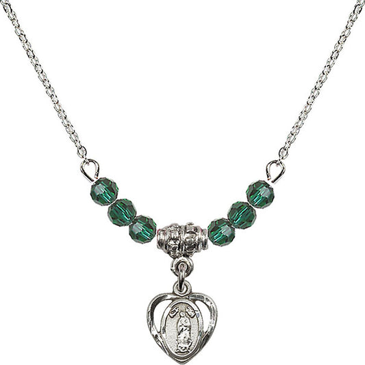 Sterling Silver Our Lady of Guadalupe Birthstone Necklace with Emerald Beads - 5422