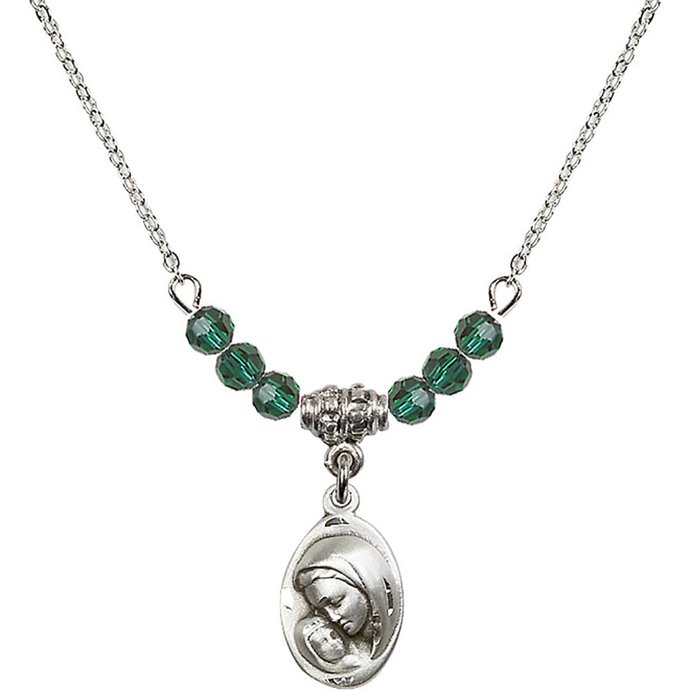 Sterling Silver Madonna & Child Birthstone Necklace with Emerald Beads - 5447