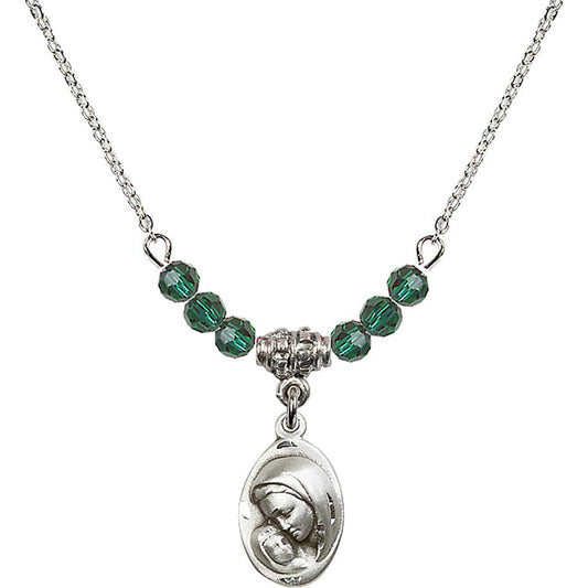 Sterling Silver Madonna & Child Birthstone Necklace with Emerald Beads - 5447