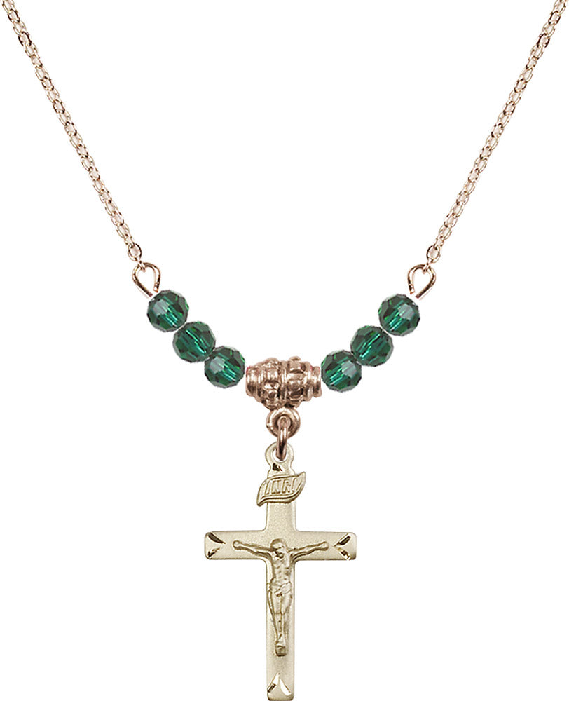 14kt Gold Filled Crucifix Birthstone Necklace with Emerald Beads - 5668
