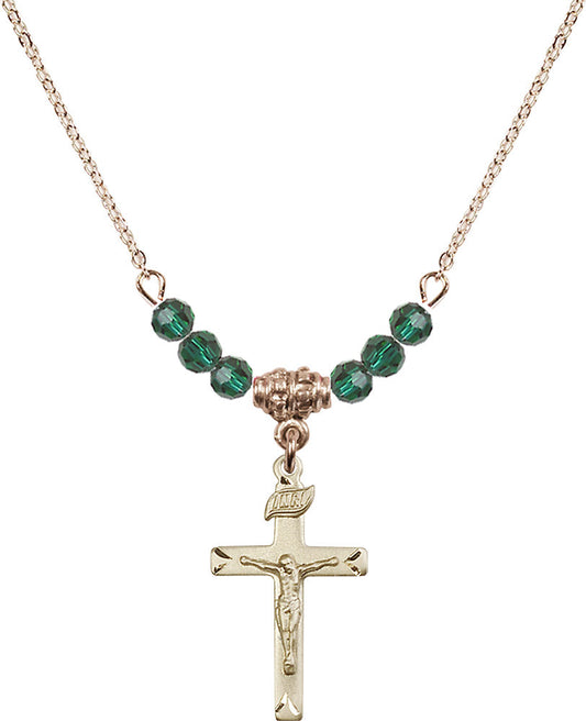 14kt Gold Filled Crucifix Birthstone Necklace with Emerald Beads - 5668