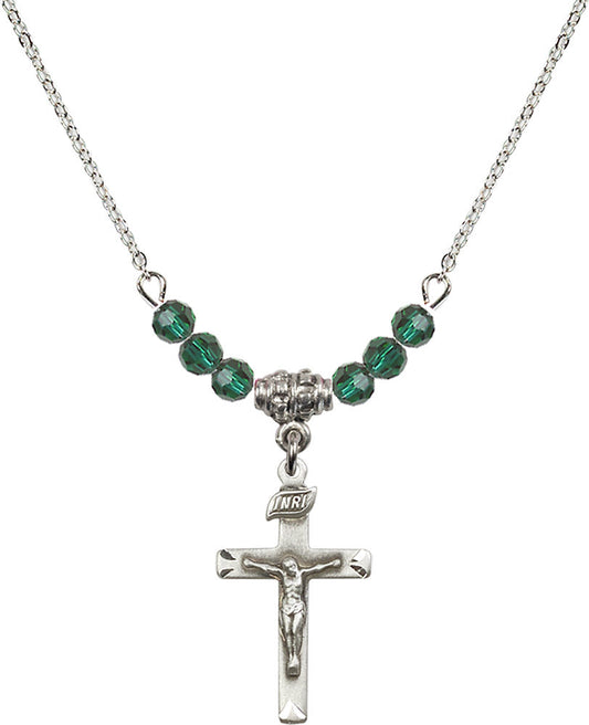 Sterling Silver Crucifix Birthstone Necklace with Emerald Beads - 5668