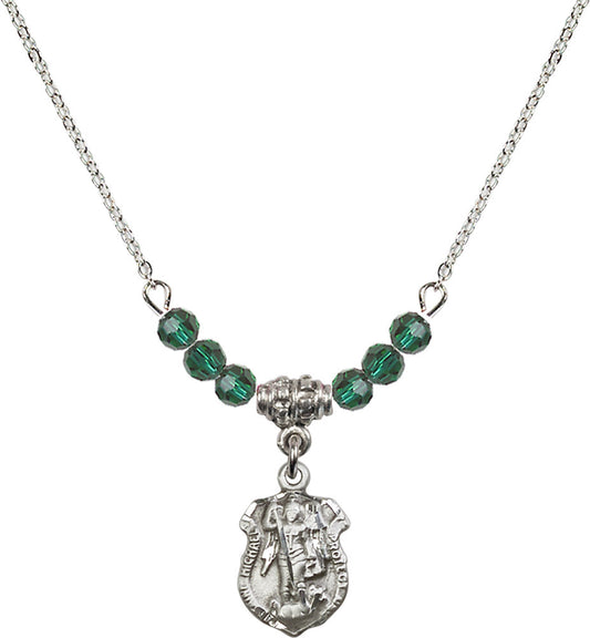 Sterling Silver Saint Michael the Archangel Birthstone Necklace with Emerald Beads - 5699