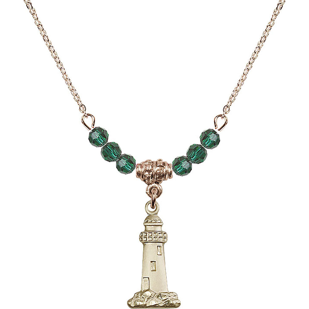 14kt Gold Filled Lighthouse Birthstone Necklace with Emerald Beads - 5922