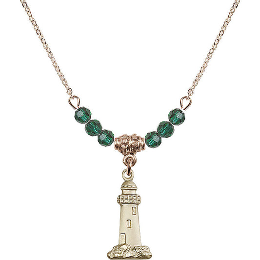 14kt Gold Filled Lighthouse Birthstone Necklace with Emerald Beads - 5922