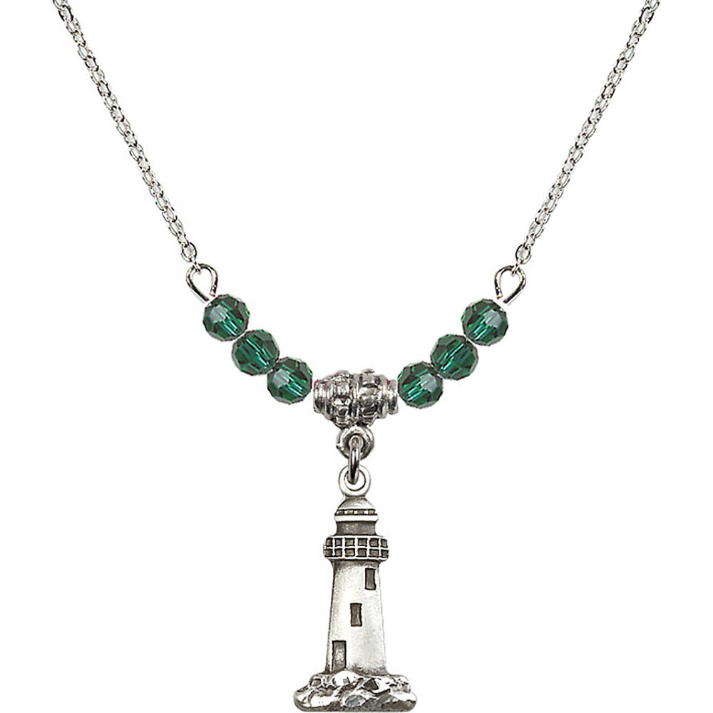 Sterling Silver Lighthouse Birthstone Necklace with Emerald Beads - 5922